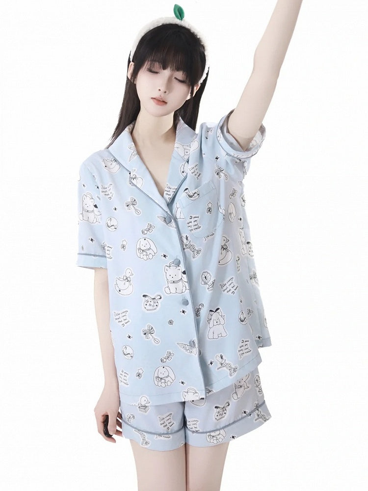 子犬プリントのパジャマセット ブルー/クリーム色 キュートなイエローライト