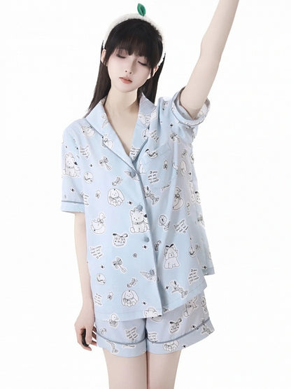 子犬プリントのパジャマセット ブルー/クリーム色 キュートなイエローライト