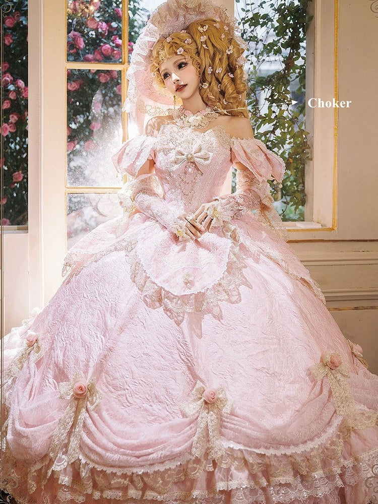 Pink Off-Shoulder Lolita Lace Gown with Ruffles and Bows - Hinana Queena