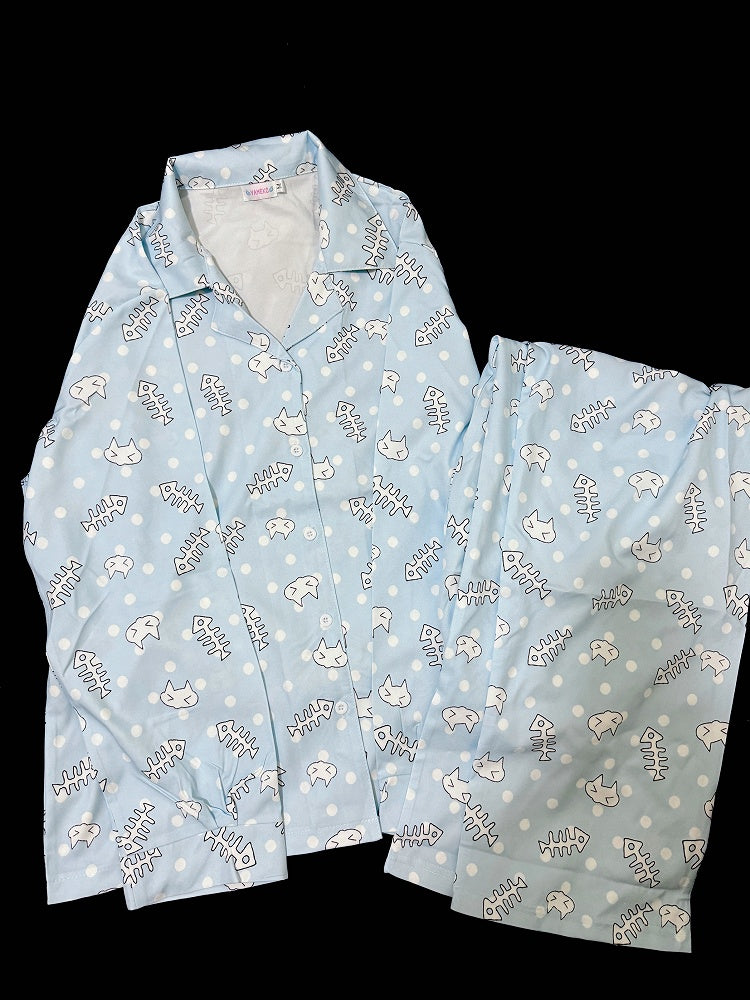 Set | Top Print Blue Pants Fishbone Loungewear Kitten