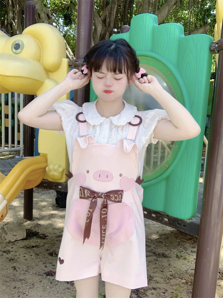 Adorable Piggy Pattern Bubble Shorts Overalls Pink