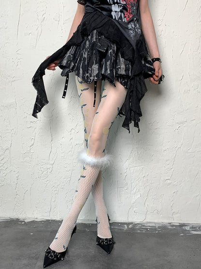 Y2K Floral White Pattern Tights