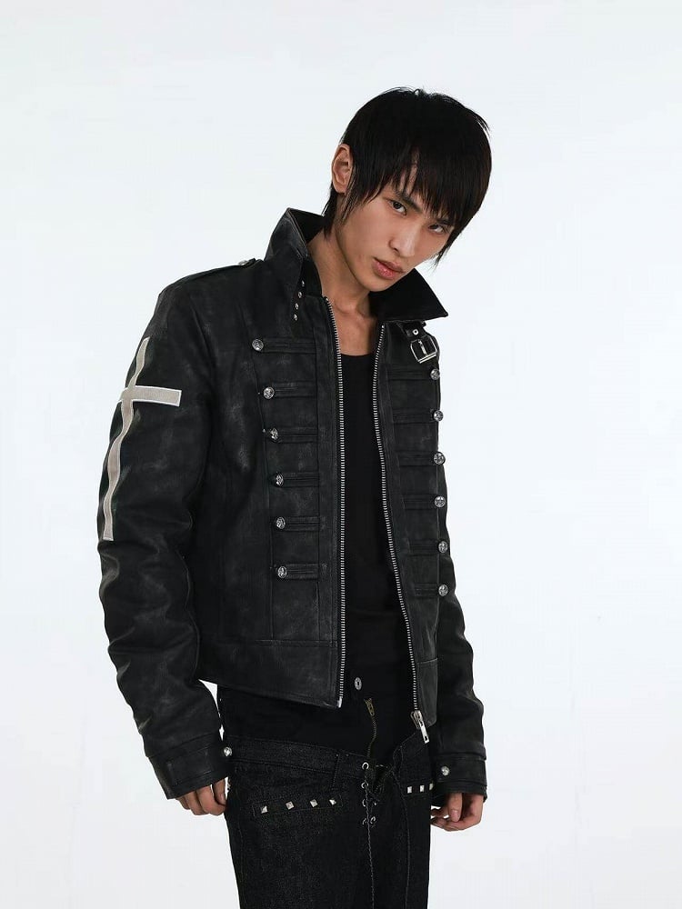 Genderless Punk Black Double-Breasted Decorative Faux Leather Jacket with Cross Pattern - DETW OnLine