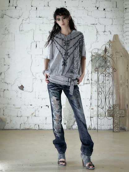 Dusty Blue Distressed Hooded Batwing Knit Top - NO ROMANCE