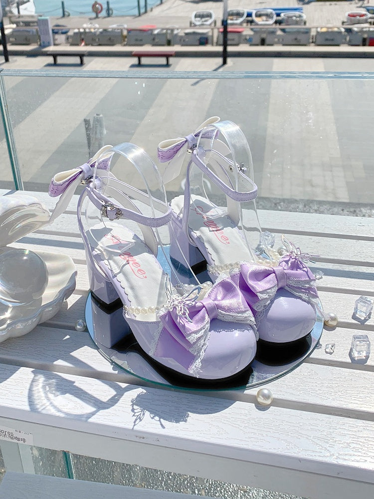 Mary Lolita Heels 6CM Accent Janes and Bow Chain Block Purple Bead Sweet Detachable
