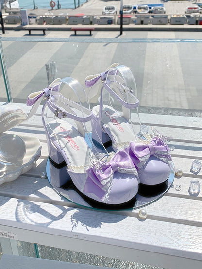 Mary Lolita Heels 6CM Accent Janes and Bow Chain Block Purple Bead Sweet Detachable