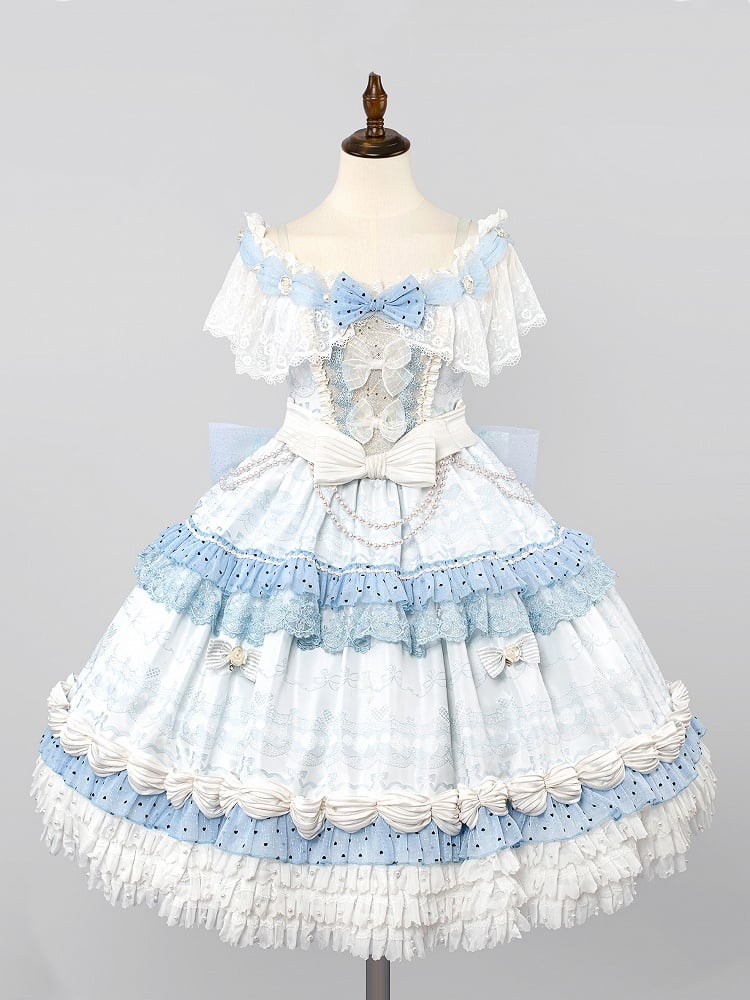 Hime Mini Veil KC Blue Hat Full Off + Cuffs Choker Dress Shoulder Wrist Set Lolita