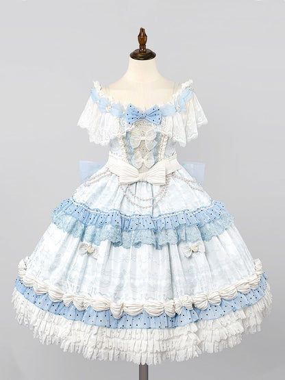 Hime Mini Veil KC Blue Hat Full Off + Cuffs Choker Dress Shoulder Wrist Set Lolita