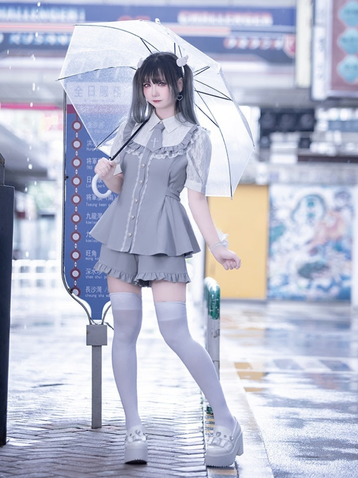 ボタンヘムショーツ+ネクタイフルトリムライトケイジライセット-レースブルーブラウス+フリルハート