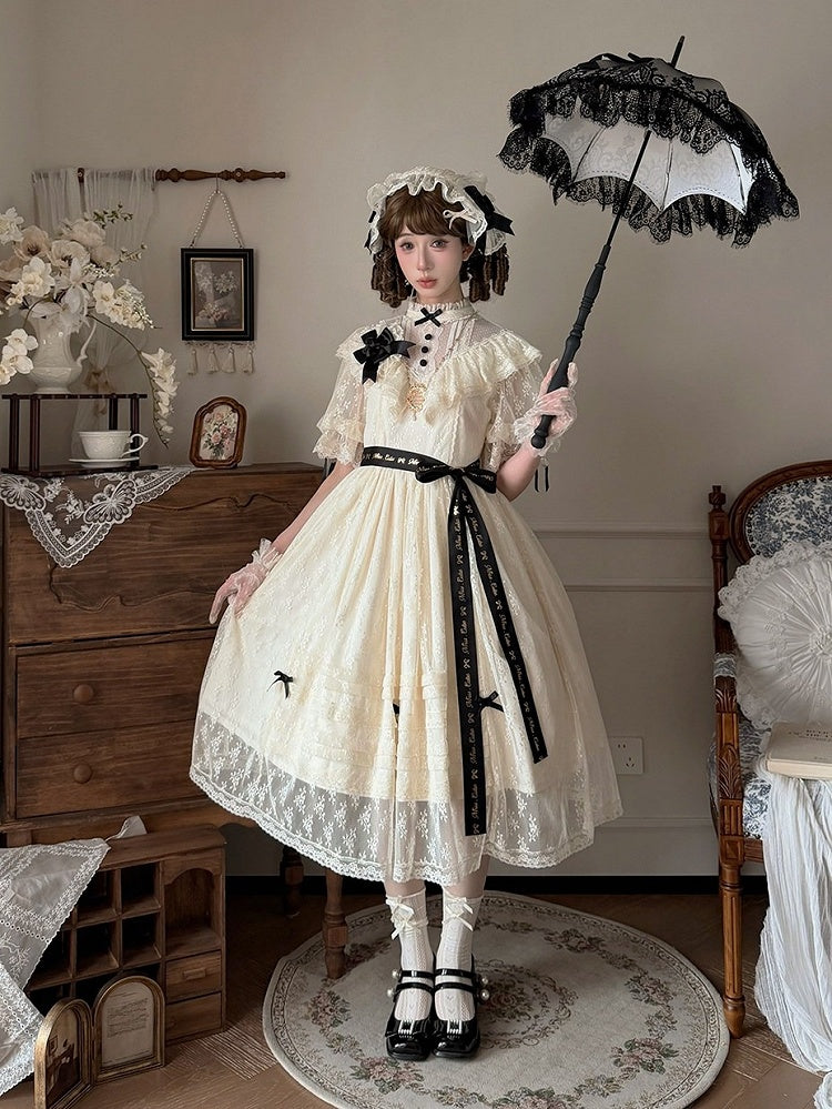 Two-Tone Beige and Black Lolita OP Gown with Edward Collar, Sheer Lace and Ribbon Trims - Miss Cube Dressworks