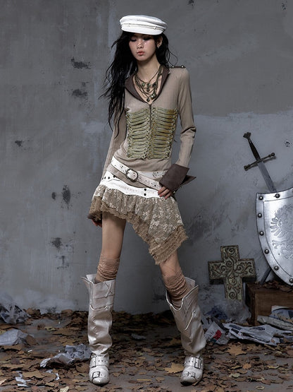 Brown Asymmetrical Vintage Layered with Studded Hem Punk Tulle Skort PU Beige