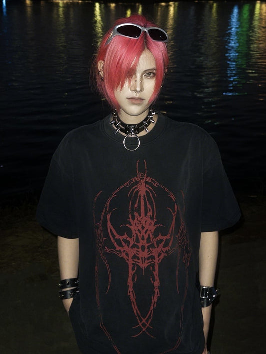 with Alien Print Black Creature Washed T-Shirt Fade