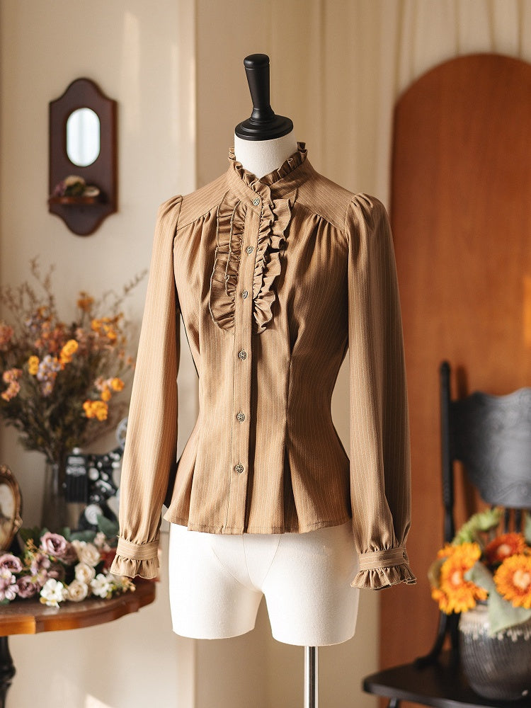 Shirt Long Ruffle Details Light Sleeves Brown with Striped Elegant