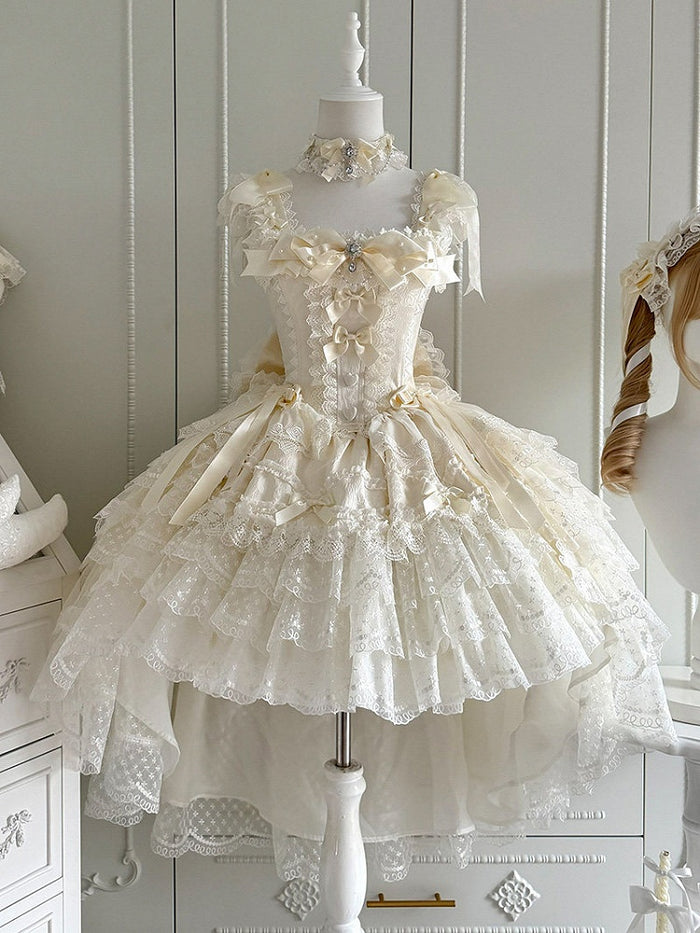 Apricot JSK Dress with Multi-Layer Lace Trim and Bow Accents, Tiered Silhouette - Dream Gift Box
