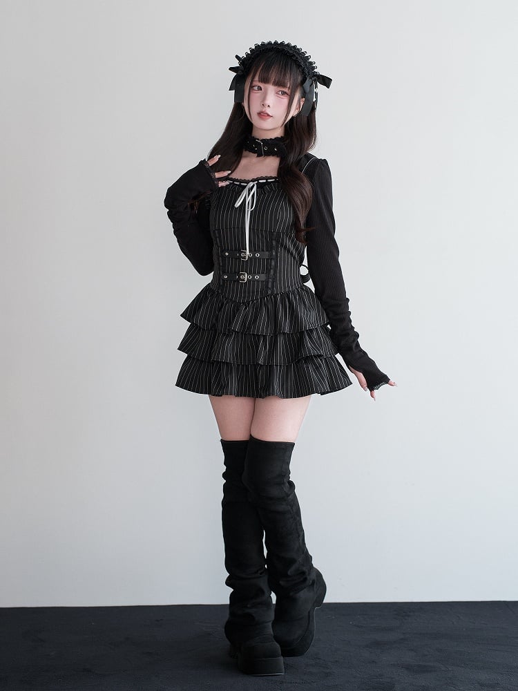 Jirai Black Dress Ruffled Suspender Multi-Layer Kei Striped