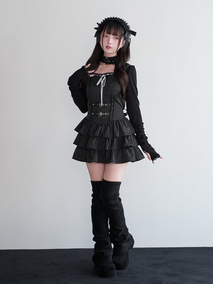 Jirai Black Dress Ruffled Suspender Multi-Layer Kei Striped