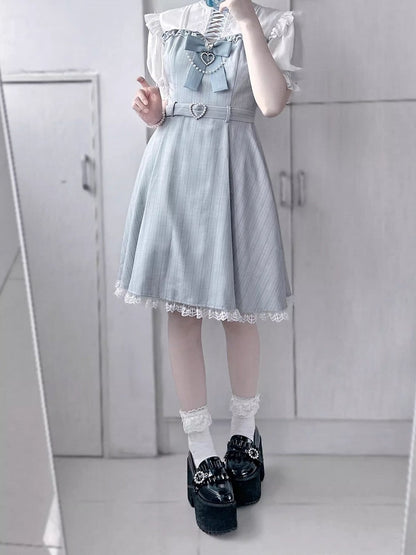 Kei Dress with Detachable Lace Trim Jirai Bow Kaiwai Neckline Design Tenshi Blue Striped Criss-cross