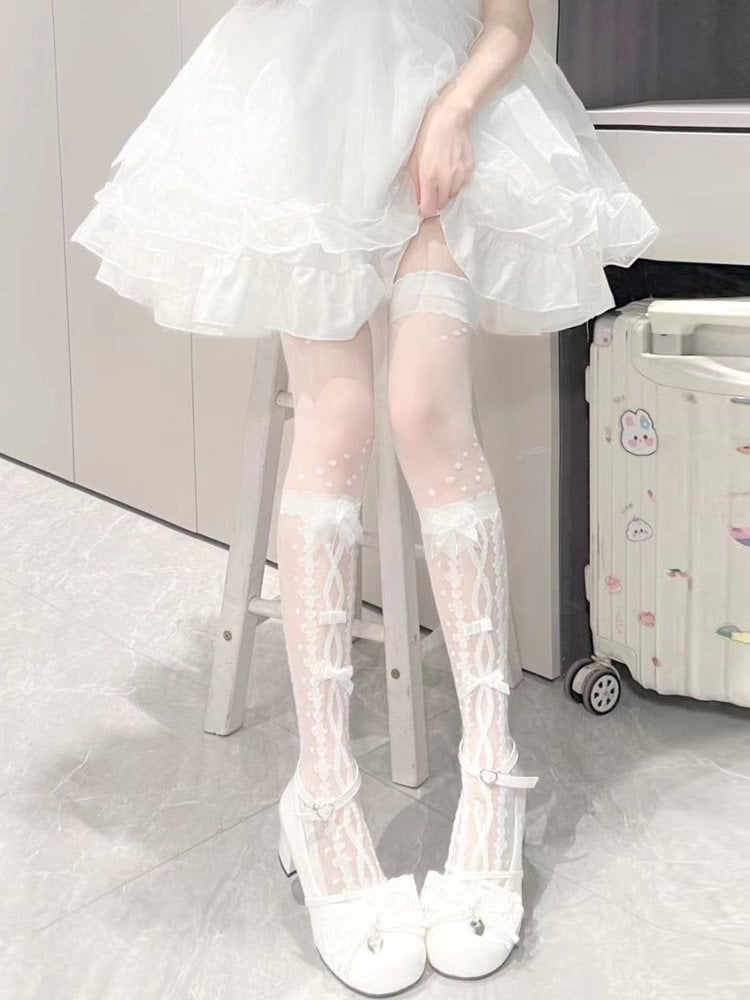 Lolita Colors: Style Stockings Bow-Accented Black) (2 White