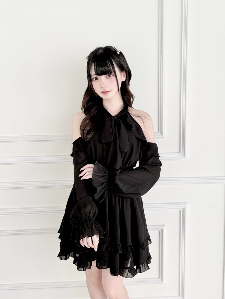 Cutout Shoulder Kei Black Dress Jirai with