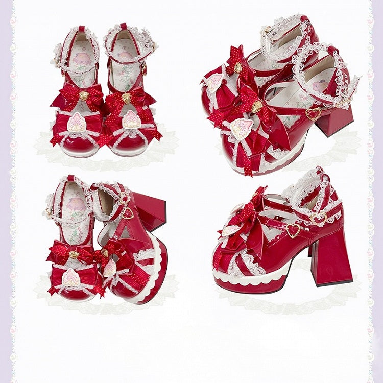- Bow Lolita High Closure Heels Details Heart Strawberry Modifiable Themed Sweet Block Red