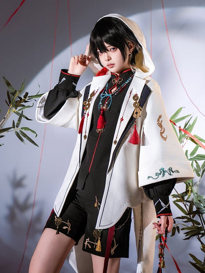 Top with Copper Hooded Ouji Charms Fashion and Chinoiserie Coin Jacquard Tassel White