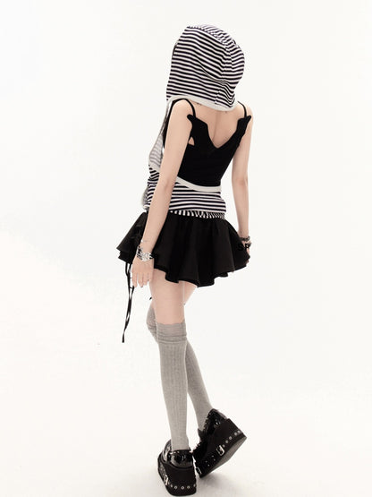 Pattern Backless Hooded Vest and Black Striped White