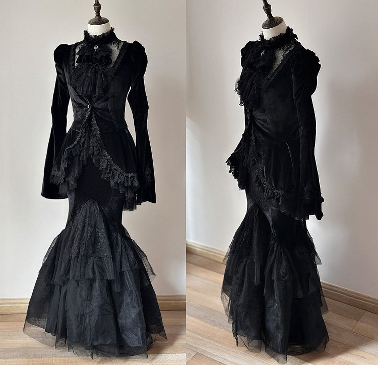 Black Embroidered Lace Blouse with Velvet V-Neck Coat and Layered Mermaid Skirt - DevilInspired Exclusive Collection