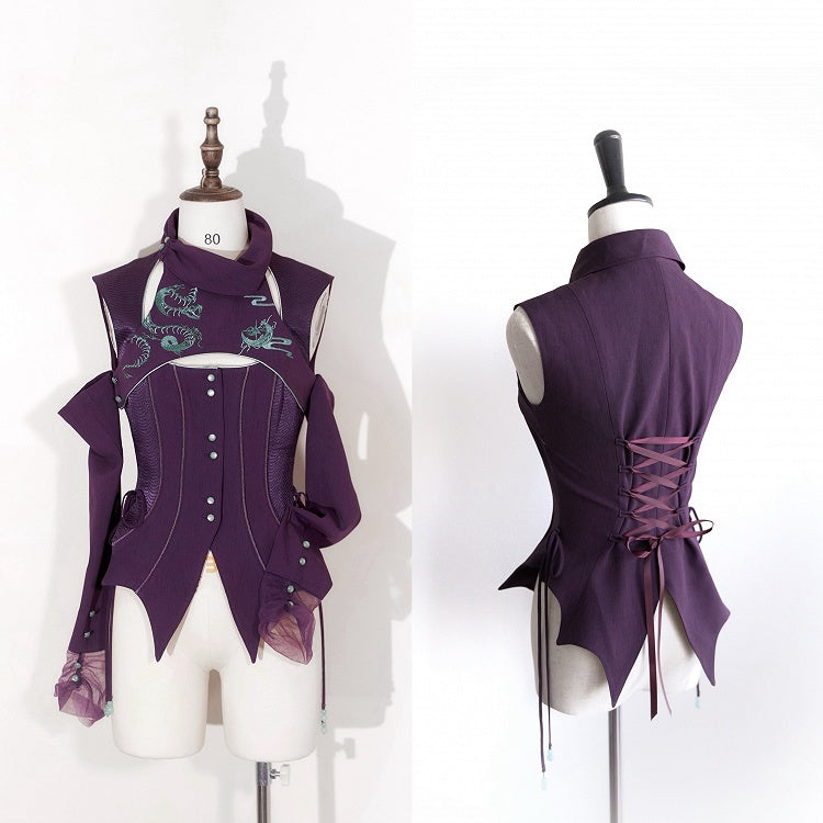 Purple Gothic Snake Bones Embroidery Sleeveless Top