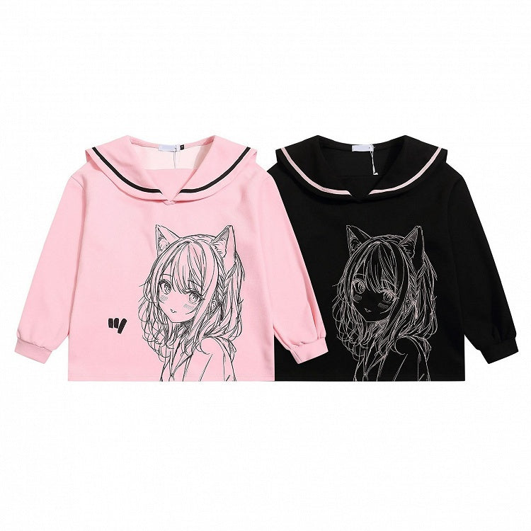 Ribbon and Girl Print Jirai Sweatshirt with Back Black/Pink Collar Bow Sailor - Kei Manga Style
