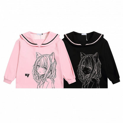 Ribbon and Girl Print Jirai Sweatshirt with Back Black/Pink Collar Bow Sailor - Kei Manga Style