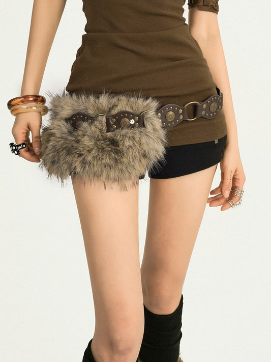Vintage Punk Brown Plush Belt with Stud Details