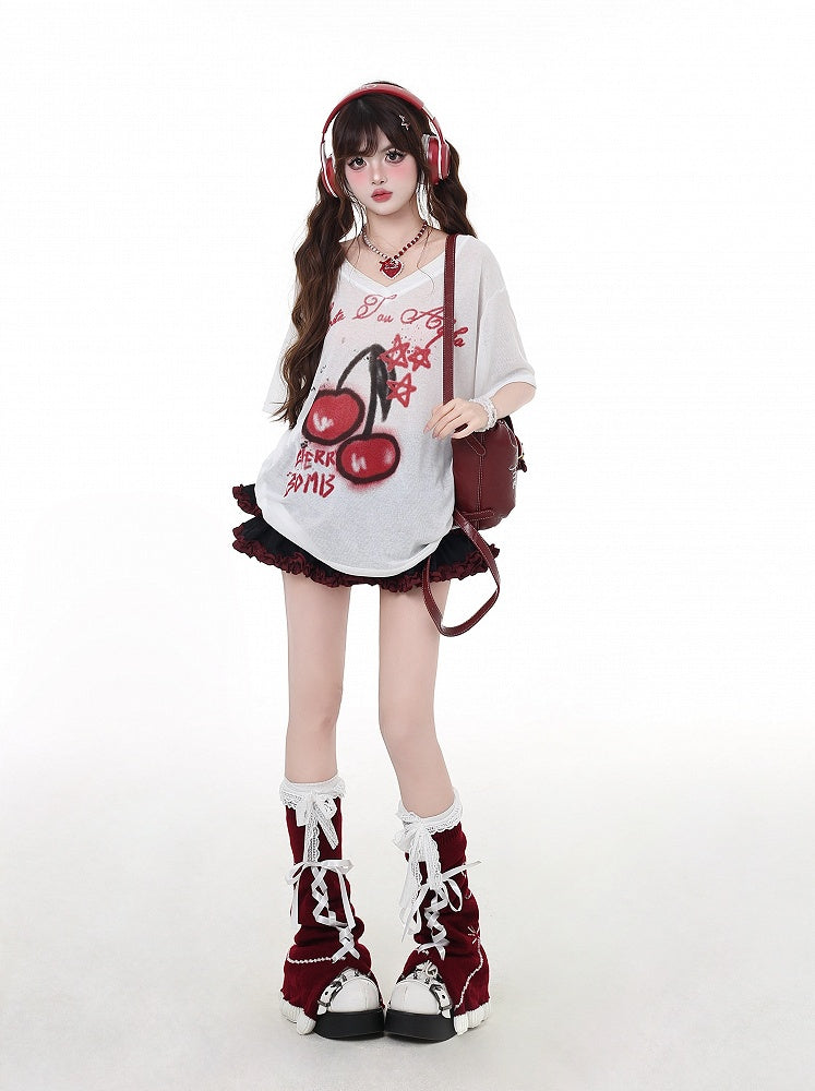 Tシャツ ホワイト セミシアー Vネック チェリープリント 日焼け防止 ビタースウィート