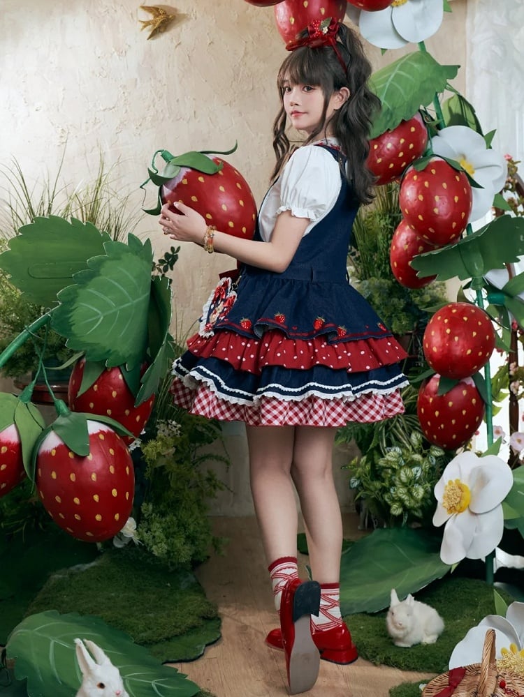 Sleeves Sweet Blouse Strawberry Pattern Beige Peter Pan Collar Puff Lolita