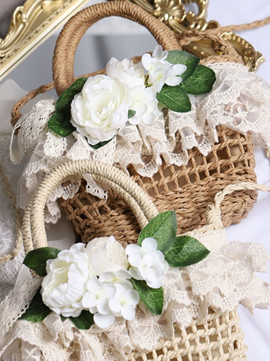 Floral Beige/Khaki Bag Straw Lace Ruffled Cottagecore Lolita