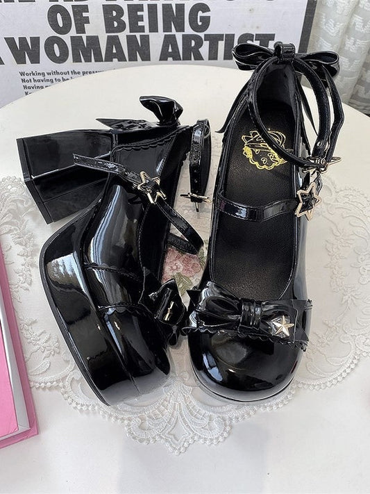 Bow Elegant 8cm Mary Decor Star High-heel Janes Lolita Snap with Black