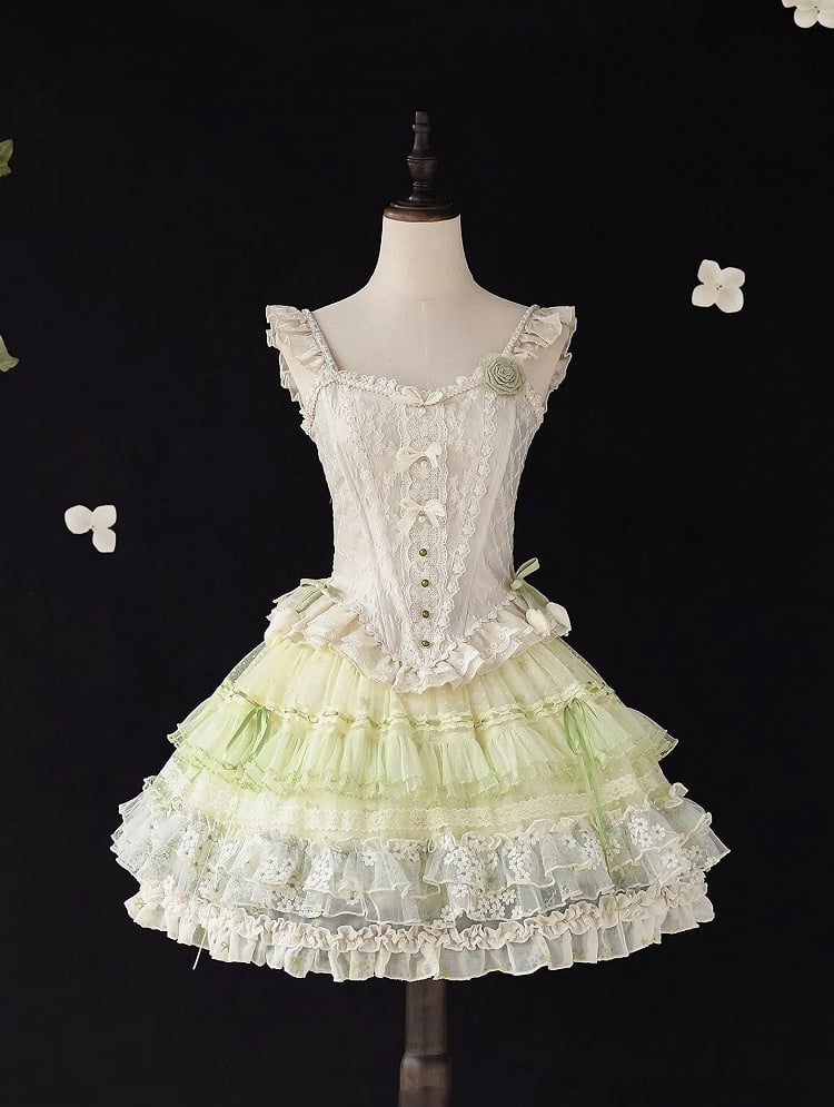 Short Green Bowknot Embroidery Classic Lolita Layered Ruffle Skirt - Amor Design