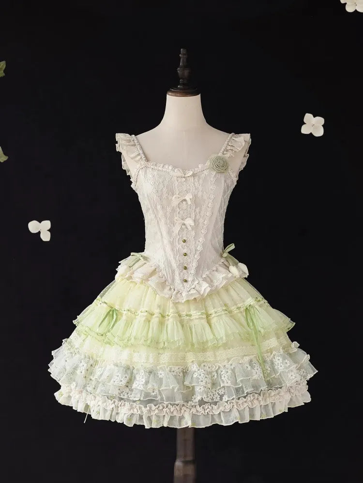 Klassischer zarter Rock mit mehrlagiger Schleife und Rüschen, grün, Lolita-Stickerei, klein