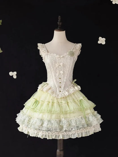 Klassischer zarter Rock mit mehrlagiger Schleife und Rüschen, grün, Lolita-Stickerei, klein