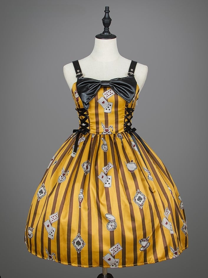 Striped Playing Yellow Dress Brown Lolita Card Prints and with Punk