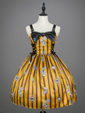 Striped Playing Yellow Dress Brown Lolita Card Prints and with Punk
