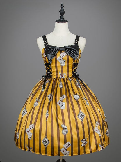 Gestreiftes gelbes Kleid mit braunen Lolita-Kartendrucken und Punk