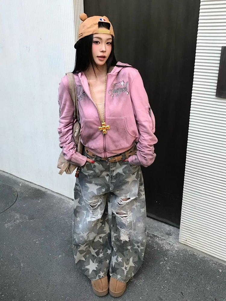 Washed Pink Zip Hoodie with Letter Print - DETW OnLine