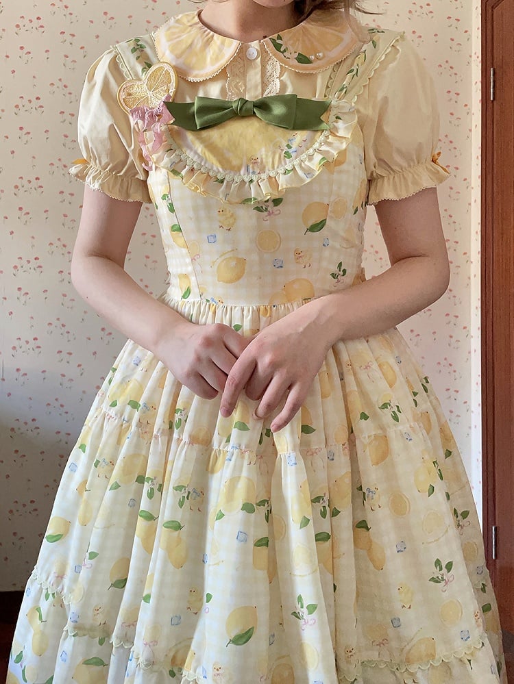 襟付きショート丈イエローレモンパンシャツ ピータープリントスリーブ