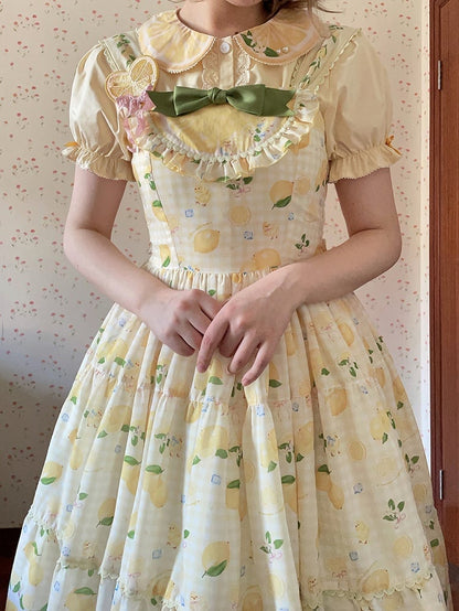 襟付きショート丈イエローレモンパンシャツ ピータープリントスリーブ