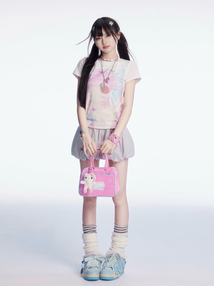 Tシャツ Y2K 漫画ガールプリント ホワイト ラウンドネック スリムフィット