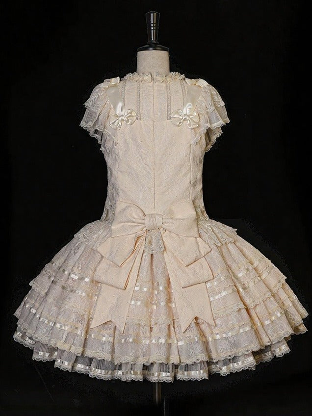 Retro Beige Lolita Lace Gown with Satin Ribbon Accents - Twin Bear Original Design