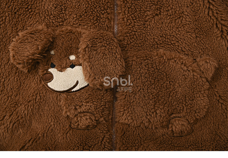 Brauner Fleece-Kapuzenpullover mit süßem Welpen-Taschendesign