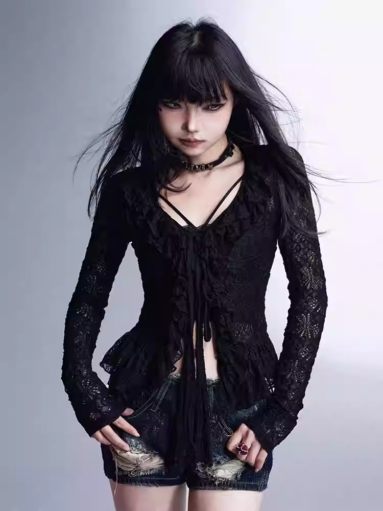 カーディガン、トップ付き、フリルトリム、レースニットセット、Vネック、キャミソール、ブラック、ホローアウト