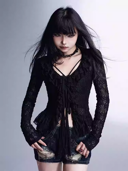 カーディガン、トップ付き、フリルトリム、レースニットセット、Vネック、キャミソール、ブラック、ホローアウト