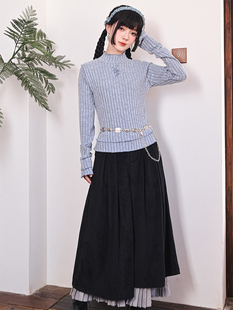 Camellia Blue Double-Layer Top Fitted Cheongsam with Hem Oriole Embroidery
